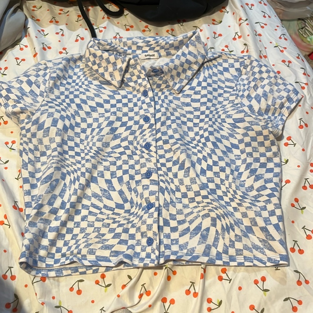 Garage Light Blue Checkered Vintage Button Down Crop Top